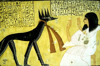 Starożytny Egipt, malowidło ścienne Grobowiec Inherkhau, Teby, Grobowiec Szlachetnych, XX dynastia, Inherkhau czczący bogów-szakali (zdjęcie) autorstwa School Egyptian