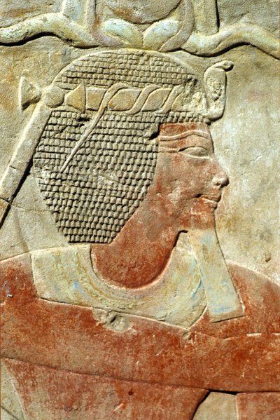 Muinainen Egypti, Seinämaalaus/kaiverrus, Faarao Atefin kruunulla, Karnakin temppeli, Luxor (valokuva) kiillotus autorstwa School Egyptian