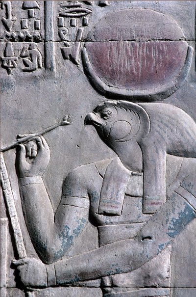 Starożytny Egipt, malowidło ścienne/rzeźba, Horus pisze na zwoju papirusu, Świątynia Sebeka i Horusa, Kom Ombo (zdjęcie ilustracyjne) autorstwa School Egyptian