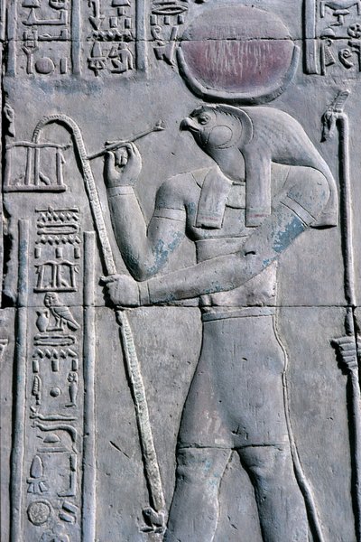 Starożytny Egipt, malowidło ścienne/rzeźba, Horus pisze na zwoju papirusu, Świątynia Sebeka i Horusa, Kom Ombo (zdjęcie ilustracyjne) autorstwa School Egyptian