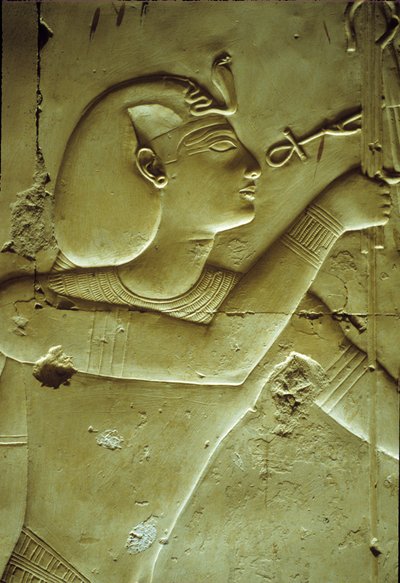 Muinainen Egypti, Seinämaalaus/kaiverrus, Seti I vastaanottamassa elämää, symboloi ankh, Seti I:n temppeli, Abydos puola autorstwa School Egyptian
