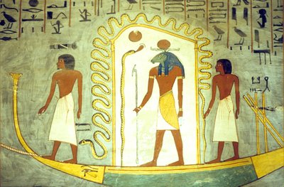 Starożytny Egipt, malowidło ścienne/rzeźba, Grobowiec Ramzesa I, Teby, Barka Amona Ra holowana przez podziemia (zdjęcie) autorstwa School Egyptian