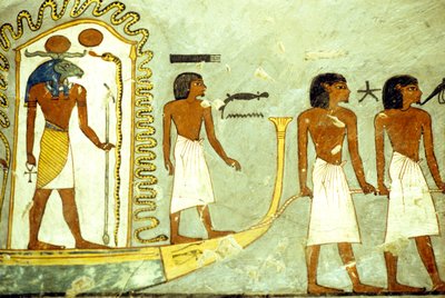 Starożytny Egipt, Malowidła ścienne, Podróż przez podziemia łodzią ciągniętą przez ludzi, Grobowiec Ramzesa I, Teby autorstwa School Egyptian