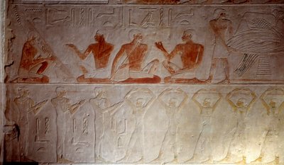 Starożytny Egipt: płaskorzeźba wapienna przedstawiająca muzyków z kaplicy Mastaba w Achettepie, około 2300 pne. V dynastia. Stare imperium. Z Sakkary (Sakkara). Paryż, Luwr autorstwa School Egyptian