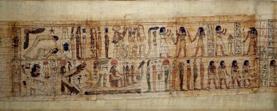 Starożytna sztuka egipska Mitologiczny papirus Serimen. Na górze: podczas tworzenia świata bóg Geb (Ziemia) zostaje oddzielony od bogini Nout (nieba); bogowie i dżiny od początku. Poniżej: Serimen składa hołd słońcu, które zalewa swoim ra autorstwa School Egyptian