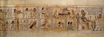 Starożytna sztuka egipska Mitologiczny papirus Serimen. U góry: Serimen kocha boga Ozyrysa reprezentowanego przez jego godło w mieście Abydos. Dusza zmarłego w postaci ptaka przelatuje nad jego mumią obserwowaną przez boginie Izydę (po lewej) i Neftydę (po autorstwa School Egyptian