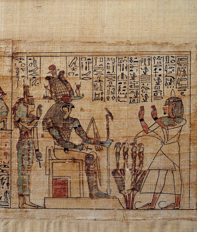 Starożytna sztuka egipska: mitologiczny papirus Serimen. serimen w kulcie przed bogiem ptah-sokar-osiris, a następnie Izyda. Rękopis XXI dynastii (ok. 1069-945), trzeci okres pośredni (ok. 1069-664 pne). Obraz. autorstwa School Egyptian