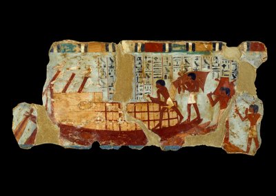 Sztuka starożytnego Egiptu: ładowanie ziarna na łódź, malowanie na mule z grobowca Ounou (1450 pne). autorstwa School Egyptian