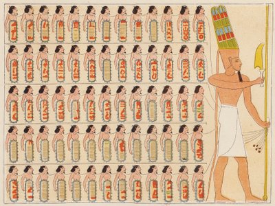 Starożytny egipski faraon Szoszenak I prowadzący swoją armię (kolorowa litografia) autorstwa School Egyptian