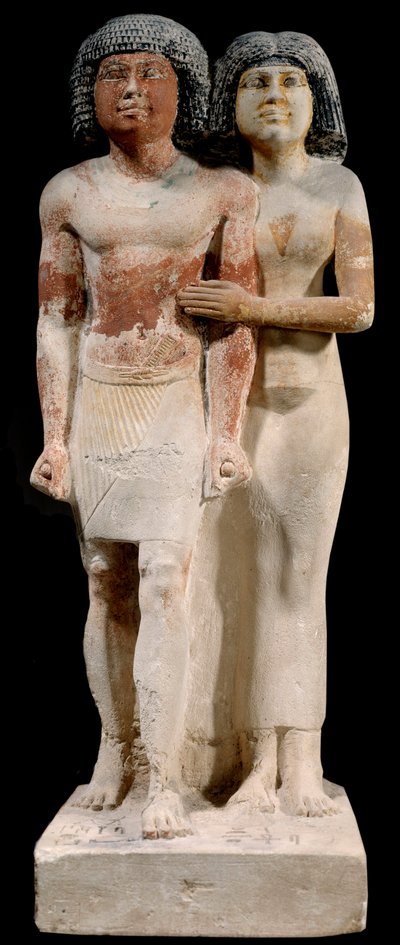 Egipski antyczny: wapienny posąg pary Raherki i Meresankh. V dynastia. Stare imperium (około 2700-2200 pne). Słońce 0,52x0,21 m Paryż, musee du Louvre autorstwa School Egyptian