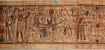 Egipska starożytna alegoria kosmosu: mitologiczny papirus Neskapaszouty, skryba księgowania zbóż reprezentujących kosmogonię, z Gebem, Noutem, Neftydą, Ozyrysem. 1070-664 pne. 21. dynastia. Słońce 2,7x0,27 m Paryż, musee du Louvre autorstwa School Egyptian