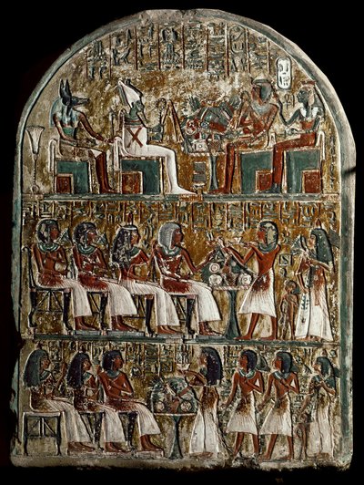 starożytność egipska: stela Irynefera, na szczycie bogowie Ozyrys i Anubis naprzeciw Amenophisa I i bóstwa Ahmes Nefertari; w ośrodku Irynefer jego żona Mehytkhaty i ich córka Hathor składają ofiarę pogrzebową rodzicom, w dolnej Hathor dorosły autorstwa School Egyptian