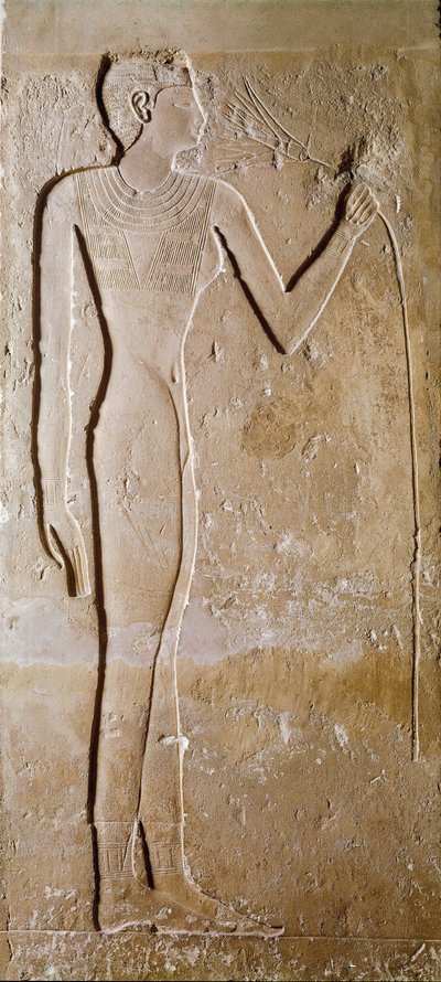 Egipski antyczny: młoda kobieta ma kwiat lotosu. Wapień. V dynastia, 2300 pne. Ciemny. 145 cm Paryż, Musee du Louvre autorstwa School Egyptian