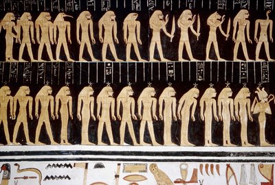 Luksor, Teby: Dolina Królów, rysunek boga i bogini na wewnętrznej ścianie świątyni. autorstwa School Egyptian