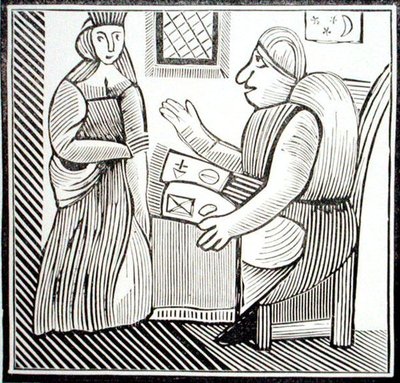 Kobieta szuka wskazówek u Wróżbity, kopia ilustracji z „Historii Mother Bunch of the West”, ze zbioru książeczek o ezoteryce c14-c17th (drzewryt) autorstwa School English