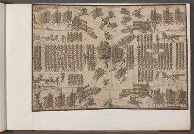 Bawełna August III, f.1 Bitwa. Armie w szyku.   Rysunki armii, żołnierzy, koni i uprzęży oraz inne sceny militarne.  1500-1650 autorstwa School English