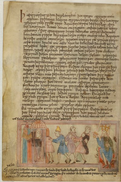 Cotton Claudius B. IV, f.58v Scena przedstawiająca anglosaską sprawiedliwość, ilustracja z (welum) autorstwa School English