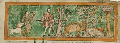Bawełna MS Tiberius B V/1 f.7 Wypas świń z kolekcji Anglo-Saxon Miscellany (welum) autorstwa School English