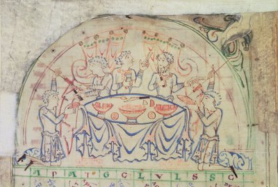 Bawełna MS Tiberius C VI f.5v Scena świąteczna z kalendarza, 3. ćw. XI w. 2. poł. XII w. (pergamin) autorstwa School English