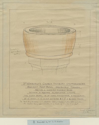 Hanbury Church - Ancient Font Bowl: śledzenie, nd [1933] (rysunek) autorstwa School English