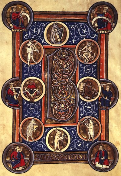 Lansdowne 420 fol.12v Psalm I z zamieszkałym inicjałem B (welum) autorstwa School English