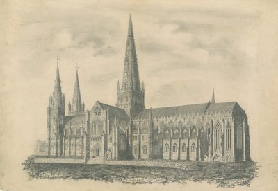 Katedra w Lichfield - widok na południowy wschód: grawerowanie i [?XIX wiek] (druk) autorstwa School English