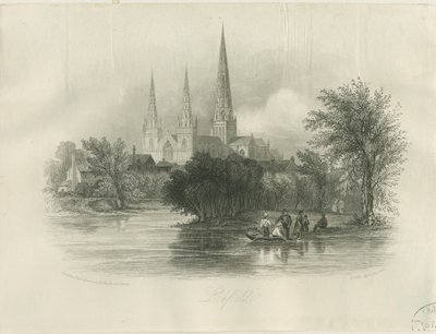 Katedra w Lichfield - widok na południowy zachód: grawerowanie (winietowane), nd [c 1842] (druk) autorstwa School English