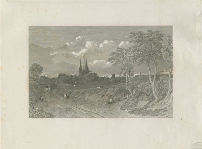 Katedra w Lichfield - widok na zachód (odległa): grawerowanie i [?XVIII wiek] (druk) autorstwa School English