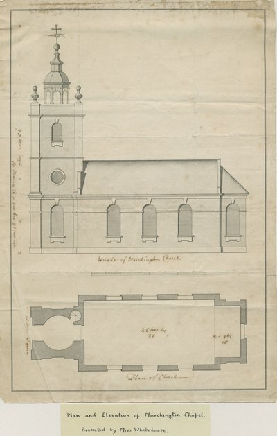 Kościół Marchington - Plan elewacji zewnętrznej i wnętrza: rysunek piórem, bd [?poł. XVIII w.] (rysunek) autorstwa School English