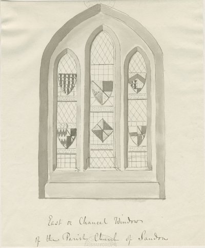 Sandon Church - Wschodnie okno prezbiterium: rysunek rozmyty sepii, nd [?XVIII wiek] (rysunek) autorstwa School English
