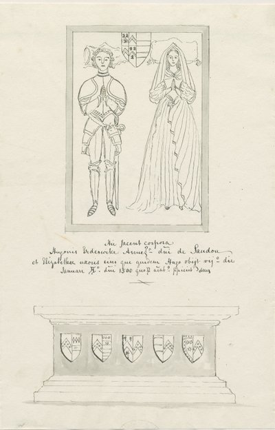 Sandon Church - Grób Hugh Erdeswicke i Elizabeth [Harcourt]: rysunek piórem i praniem, nd [?XVIII wiek] (rysunek) autorstwa School English