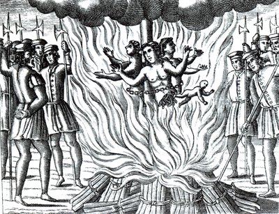 Relacja o trzech męczennikach z Guernsey spalonych na stosie, z wydania "Acts and Monuments" autorstwa Johna Foxe