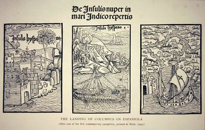Lądowanie Kolumba na Espanioli, według współczesnej broszury opublikowanej w Bazylei w 1494 roku (lito) autorstwa School English