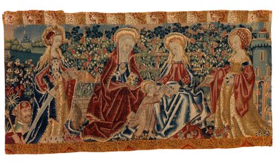 Gobelin ołtarzowy przedstawiający Matkę Boską z Dzieciątkiem i św. Annę w towarzystwie dwóch świętych, koniec XV - początek XVI wieku (wełna i jedwab) autorstwa School European
