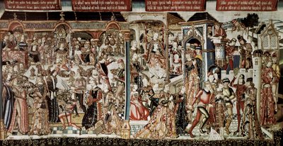 „Uczta króla Aswerusa””. Księga Estery: Król Aswerus (Kserkses I) wydał szlachcie swojego królestwa wspaniałą ucztę, która trwała kilka dni. Siódmego dnia rozkazał zaprezentować się królowej Vasti, ubranej w jej najlepsze szaty autorstwa School Flemish