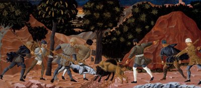 Scena polowania na dzika. Szczegół. Anonimowy obraz szkoły florenckiej. 1450-1460. Tuluza, Musee des Augustins autorstwa School Florentine