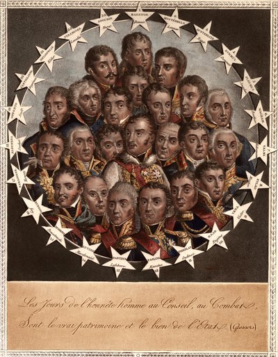 Bohater po zwycięstwie - Dni uczciwości w Radzie, w walce - są prawdziwym dziedzictwem i dobrem państwa. (Gressets) - 1. marengo. dessaix. 2. Montebello. linie. 3. austerlitz. rap. 4. eckmuel. śniady. 5. kwiat. Jourdan. 6. wagram. berthier autorstwa School French