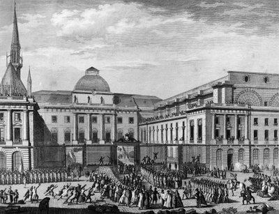Rewolucja Francuska: Ratusz Paryża, parlament w listopadzie 1790 na wyspie miasta, któremu przewodniczył Jean Baptiste Gaspard Bochart de Saron (1730-1794). Paryż, Biblioteka Instytutu Historii Rewolucji autorstwa School French