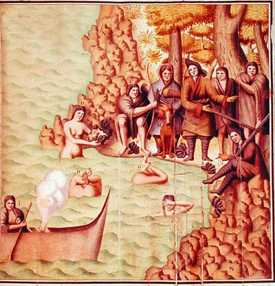 Indianie z Cieśniny Magellana z francuskimi odkrywcami, ilustracja z „Voyage de Gouin de Beauchesne” autorstwa School French