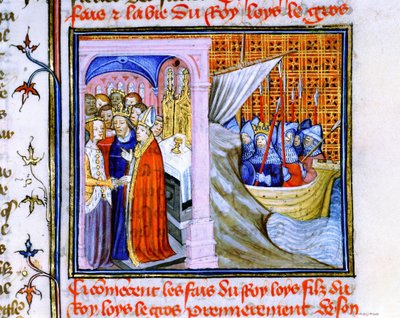 Małżeństwo Eleonory Akwitańskiej i Ludwika VII Francuskiego (1137) po lewej i wyruszenie na drugą krucjatę 1147-1149, z "Chronique de St Denis" (pergamin) autorstwa School French