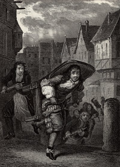 „” Monsieur de Pourceaugnac””” Grawerowanie z „” prac” angielskiego autora Moliere - Scena ze sztuki „” Monsieur de Pourceaugnac”” Jean-Baptiste Poquelin dit Moliere (Jean Baptiste Poquelin autorstwa School French