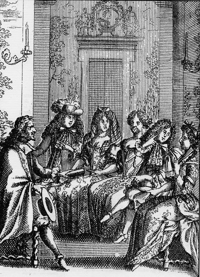 Przedstawienie sceny ze sztuki „La critique de l’ecole des femmes” (1663) Jeana Baptiste Poquelin dit Moliere (1622-1673). autorstwa School French