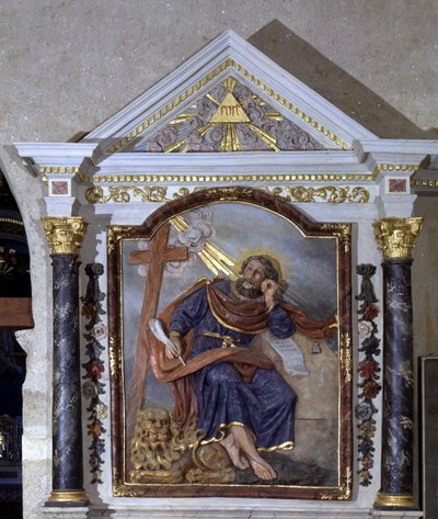Św. Marek Ewangelista i jego symbol: lew. Ołtarz kościoła gruszki na życie, Vendee. autorstwa School French