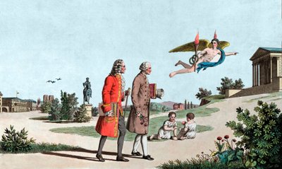 Duch Woltera i Jean Jacques Rousseau prowadzi ich do Świątyni Nieśmiertelności - Dżina Woltera (François Marie Arouet, dit Voltaire autorstwa School French