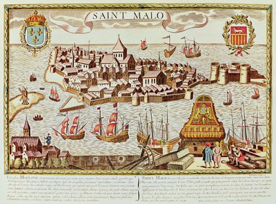 Widok na port i ufortyfikowane miasto Saint Malo, położone na wybrzeżu Bretanii autorstwa School French