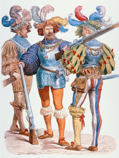 Niemieccy żołnierze XVI w. uzbrojeni w muszkiety lontowe (kolorowe grawerowanie) autorstwa School German