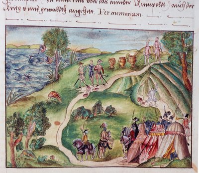 MS Add.15217 fol.40 Wenezuelski pejzaż z hiszpańskim obozowiskiem, ze zbioru wspomnień rodziny Coeler, Norymberga autorstwa School German