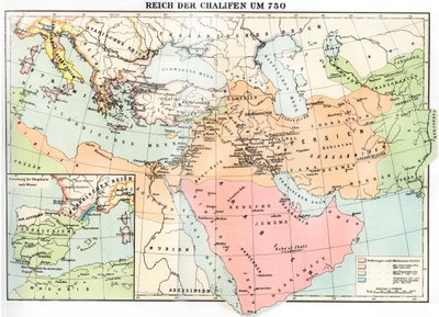 Mapa Imperium Kalifatu w 750 r., z "Weltgeschichte" Juliusa von Pflugk-Harttunga autorstwa School German