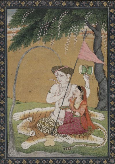 Shiva i Parvati na skórze tygrysa, ok. 1800 (akwarela ze złotem i srebrem) autorstwa School Guler