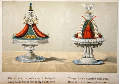 Projekt przedstawiający język wołu na stearynie i homara, ilustracja z węgierskiej książki kucharskiej o kuchni francuskiej, ok. 1880 (kolor litho) autorstwa School Hungarian